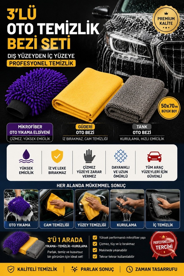 Muggio 3 Lü Profesyonel Oto Temizlik Seti Mikrofiber Eldiven + Güderi Bez + Tank Oto Bezi