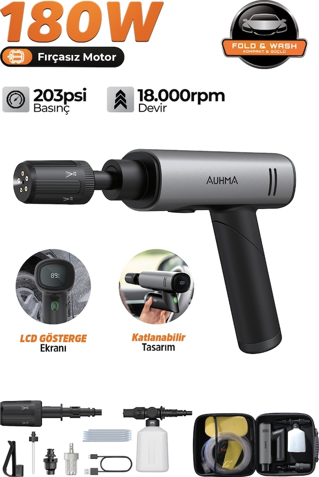 Auhma Acr-09 180w Fırçasız Şarjlı Basınçlı Yıkama Makinesi Katlanabilir Kablosuz Oto Yıkama Tabanc Gri