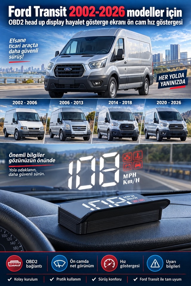 Ford Transit 2002-2026 Modeller İçin Obd2 Head Up Display Hayalet Gösterge Ekranı Ön Cam Hız Göstergesi
