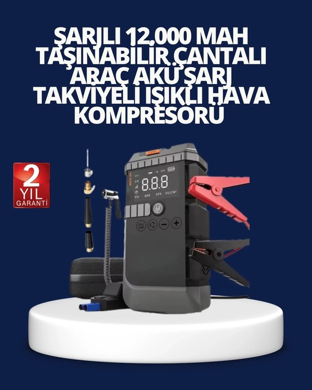 Ers Şarjlı 12000 Mah Araç Akü Takviye Ve Hava Kompresörü 4 Ü 1 Arada