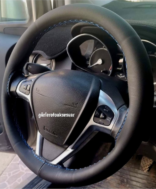 Ford Focus 3 Uyumlu Dikmeli Direksiyon Kılıfı Soft Siyah Deri Mavi Ipli A+plus 38 10.5cm