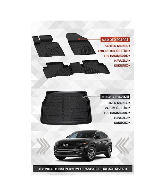 Sahler Hyundai Tucson 2021+ Uyumlu 4.5d Premium Havuzlu Paspas Ve Liner Marka 3d Bagaj Havuzu