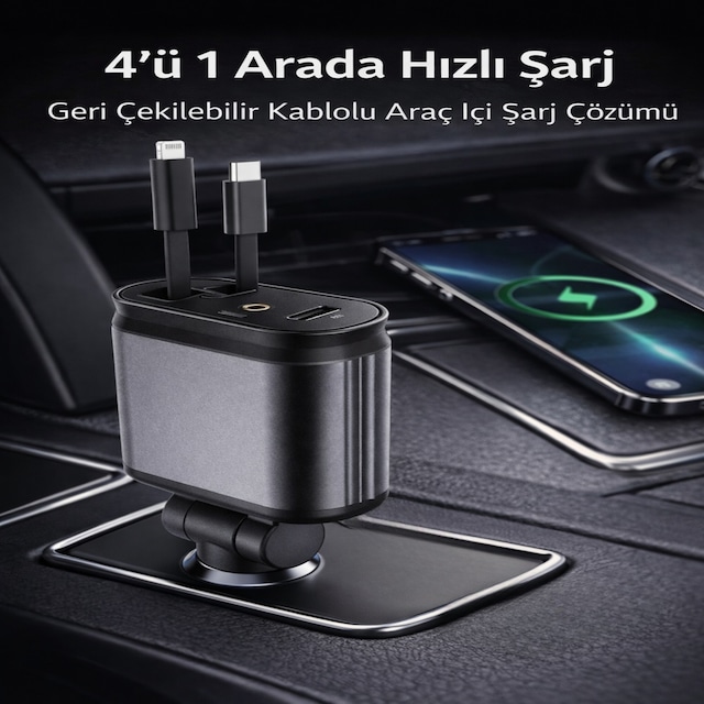 66w Hızlı Araç Şarj Cihazı 4 Ü 1 Arada Geri Çekilebilir Kablolu Type-c Lightning Usb Araç İçi Şarj Adaptörü 12v-24v