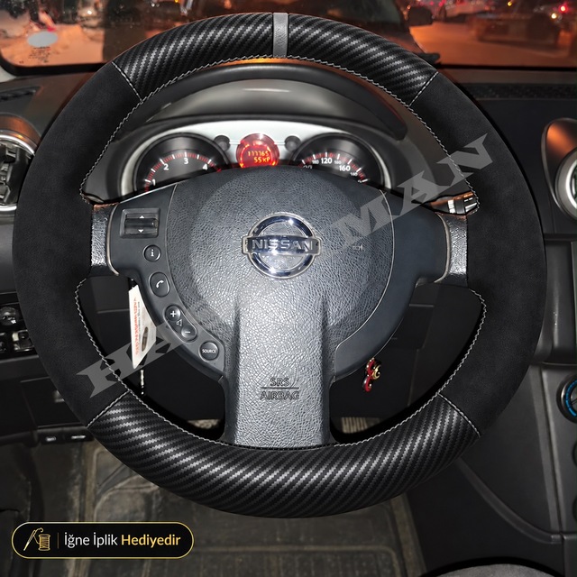 Nissan Micra K13 Dikme Direksiyon Kılıfı Alcantara Süet Mat Karbon Gri Yüzük Ve Dikiş Tekna-solu Tuşlu 2010-2013