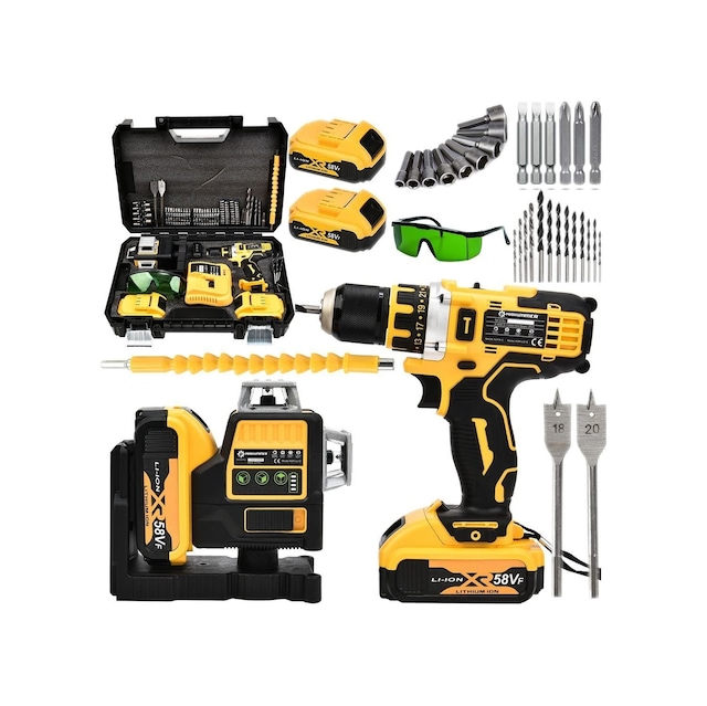Prohummer Ph190 Akülü 58vf Lazer Terazi Ve Vidalama Matkap Seti Sarı