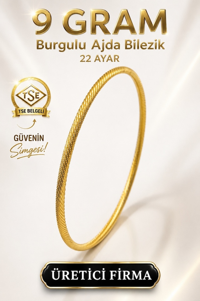 22 Ayar Tse Belgeli 9 Gram Burgulu Ajda Altın Bilezik İşçiliksiz