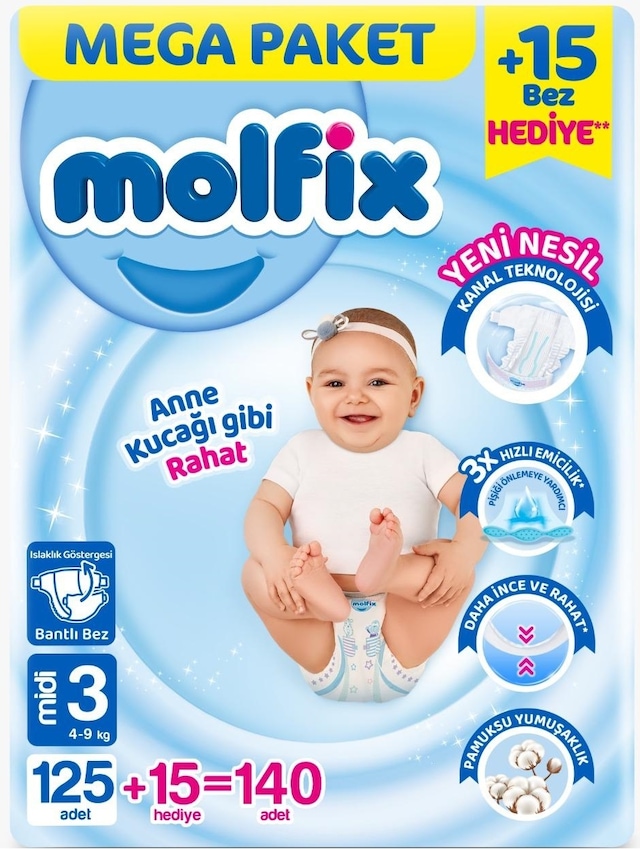 Molfix Bebek Bezi Beden:3 4-9kg Midi 140 Adet Pk Mega Pk 3 Numara