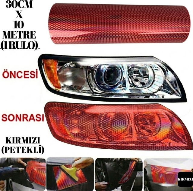 Petekli Kırmızı Far Stop Filmi Folyosu Çizik Engelleyici Folyo 3d Petek Desenli Hologramlı 30 Cm X 10 Metre