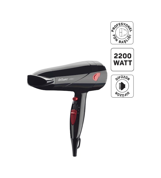 Arzum AR569 Linda Saç Kurutma Makinesi 2 Hız Ayarı, Soğuk Hava ve Difüzör, 2000W, Siyah