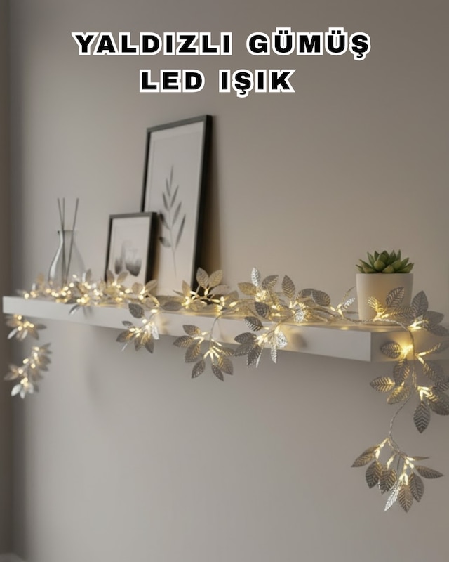 Yaldızlı Gümüş Yaprak Led Işık Pilli Dekoratif Ortam Ve Yılbaşı A