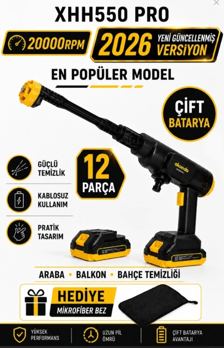 Geseus Çift Akülü Şarjlı Yüksek Basınçlı Oto Yıkama Tabancası - Araba, Halı, Klima Temizleme & Bahçe Sulama Makinesi - Xhh550pro