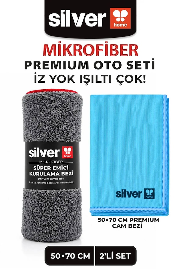 2'li Araç Temizlik Seti 50x70 Cm 390 Gsm Mikrofiber Kurulama Havlusu Ve İz Bırakmayan Premium Cam Bezi