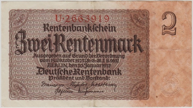 Almanya 2 Rentenmark 1937 Iıı. Reıch Dönemi. Çok Çok Temiz.