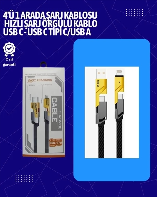Ers Usb-c Ve Lightning Uyumlu 4'ü 1 Arada Kablo 65w Hızlı Şarj, Örgülü Dayanıklı Yapı