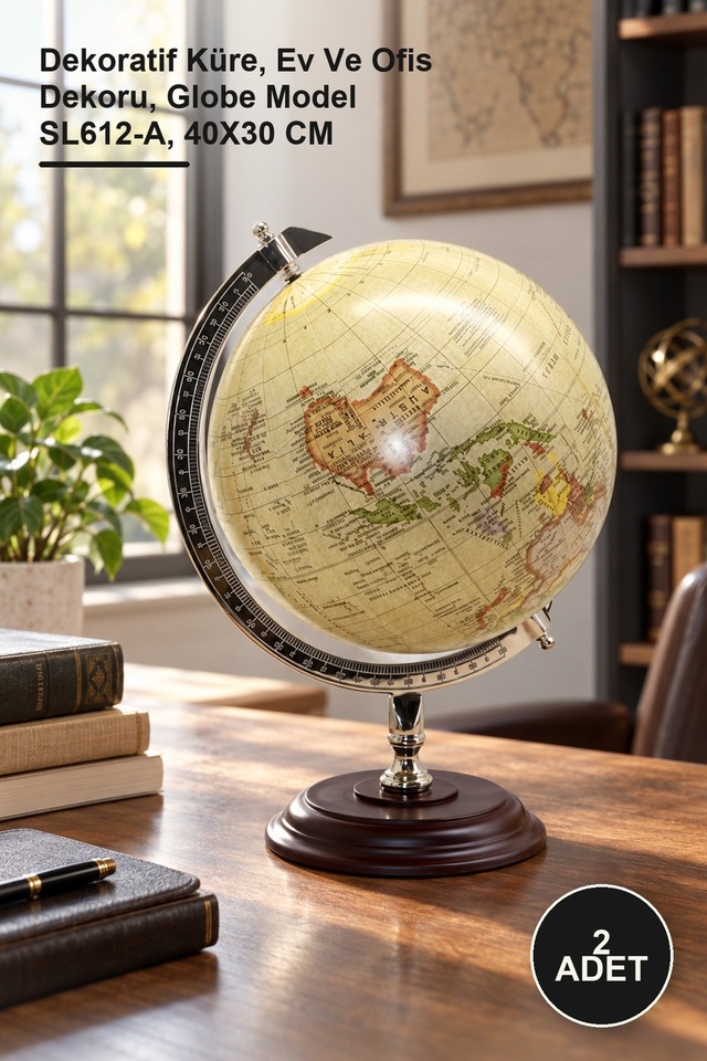 2 Adet Dekoratif Dünya Küre Dekoratif Küre, Ev Ve Ofis Dekoru, Globe Model Sl612-a, 40x30 Cm