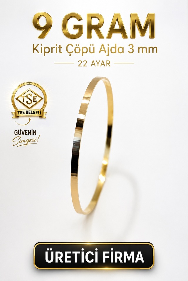22 Ayar Tse Belgeli 9 Gram 3 Mm Kibrit Çöpü Ajda Altın Bilezik İşçiliksiz Yatırımlık