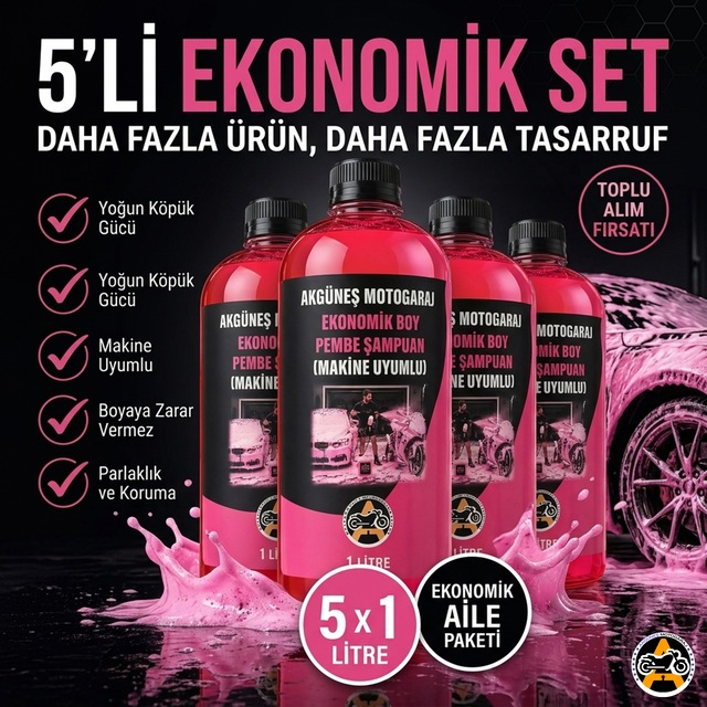5 Adet Akgüneş Motogaraj 1lt Pembe Köpük Oto Şampuanı Konsantre 100 Kat