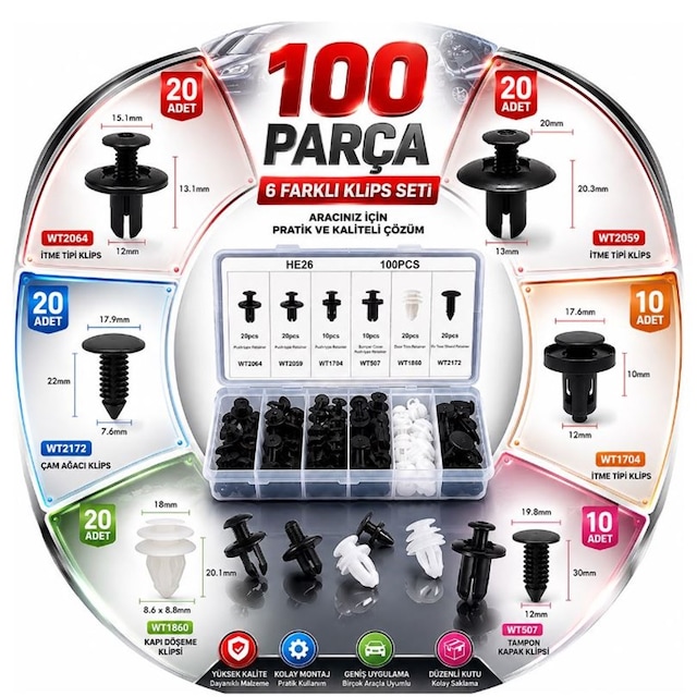 Klips Seti 100 Parça Araç Döşeme Kaporta Üniversal Klips Seti 100 Parça