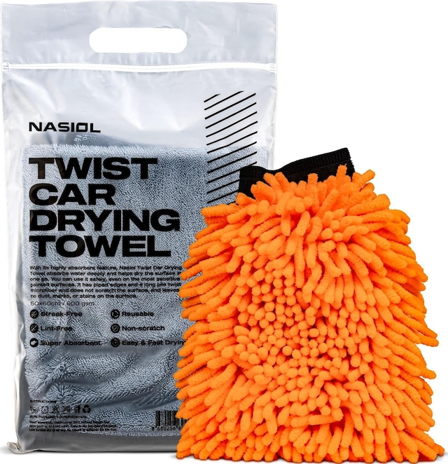 Nasiol-SET 22-Mikrofiber Araç Kurulama Havlusu 60x90cm ve Peluş Araç Yıkama Eldiveni Seti