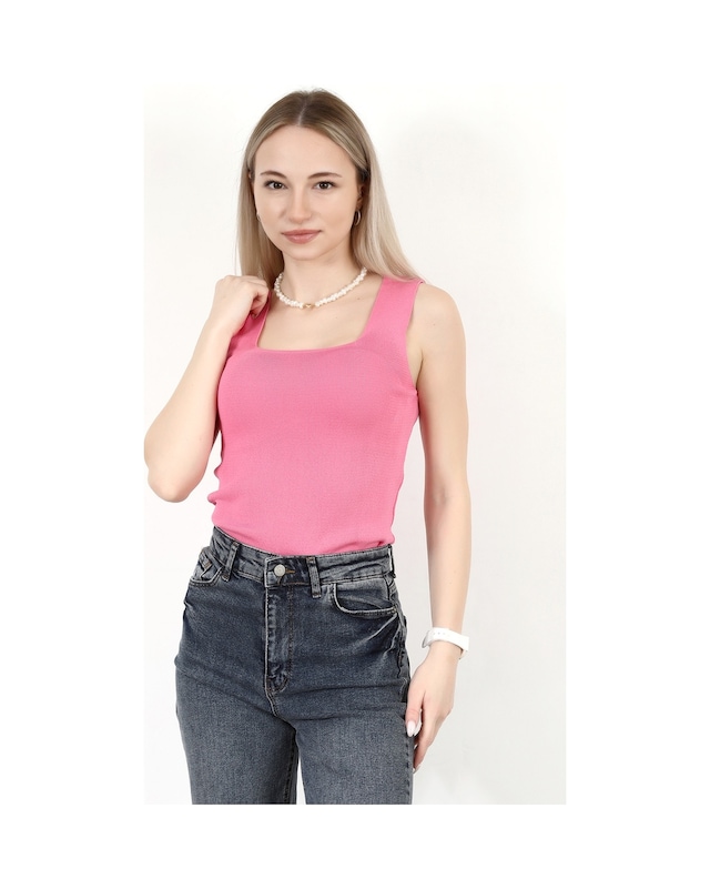 Kadın Kare Yaka Kalın Askılı Basic Triko Bluz Pembe