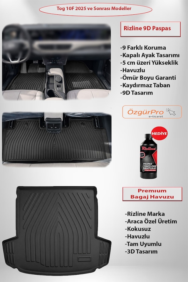 Rizline Premium Tog T10f 2025 Ve Sonrası 9d Havuzlu Paspas Ve Premıum Bagaj Havuzu Kokusuz