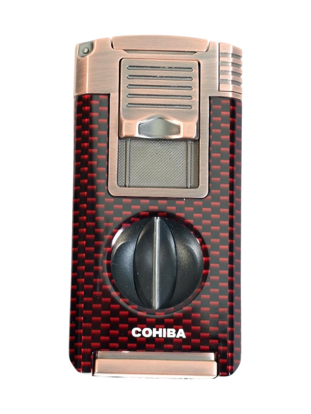 Cohiba Çift Torch Pürmüz Dahili Kesici Delicili Kırmızı Karbon Desenli Bronz Metal Puro Çakmağı - Tr9586