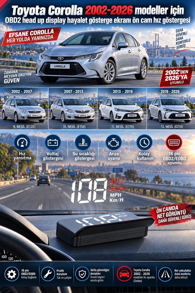 Toyota Corolla 2002-2026 Modeller İçin Obd2 Head Up Display Hayalet Gösterge Ekranı Ön Cam Hız Göstergesi