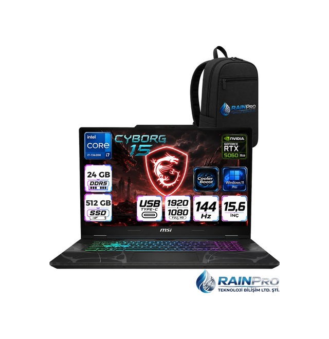 MSI Cyborg 15 B13WFKG-490XTRRNP05 Core i7-13620H 24 GB 512 GB SSD 8 GB RTX5060 15.6″ FHD W11P Dizüstü Bilgisayar + Çanta