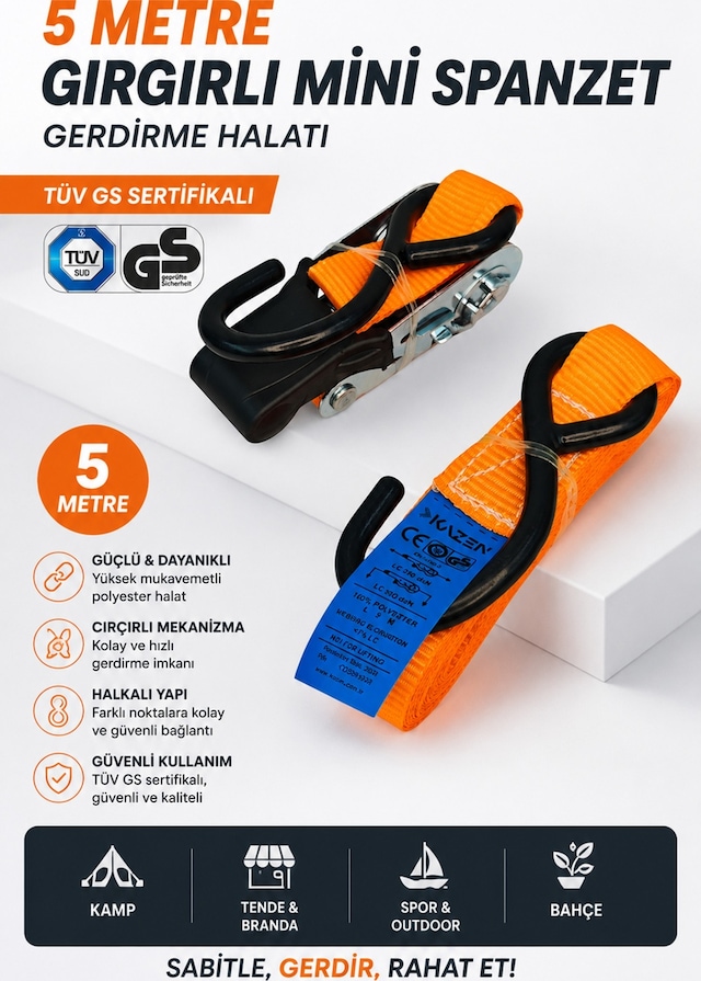 5 Metre Halkalı Gırgırlı Cırcırlı Mini Spanzet Gerdirme Halatı Tüv Gs Sertifikalı
