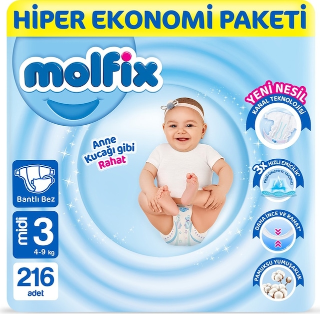 Molfix Bebek Bezi 3 Numara Midi Hiper Ekonomi Paketi 216 Adet 2'li