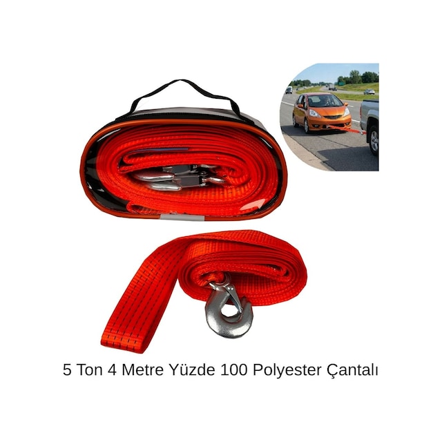 Çeki Halat 5 Ton 4 Metre Yüzde 100 Polyester Çantalı Çelik Kancalı Oto Kurtarma Yol Yardım Halatı Glz03403013