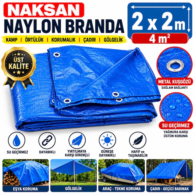 Naylon Branda Mavi Su Geçirmez Kamp Brandası Örtülük Korumalık 2 X 2 4m2 Üst Kalite 2X2-Mavi