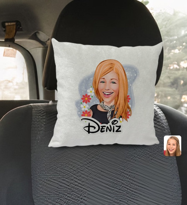 Bk Gift Kişiye Özel İsimli Kadın Karikatürlü Kare Araç Koltuk Yastığı-1