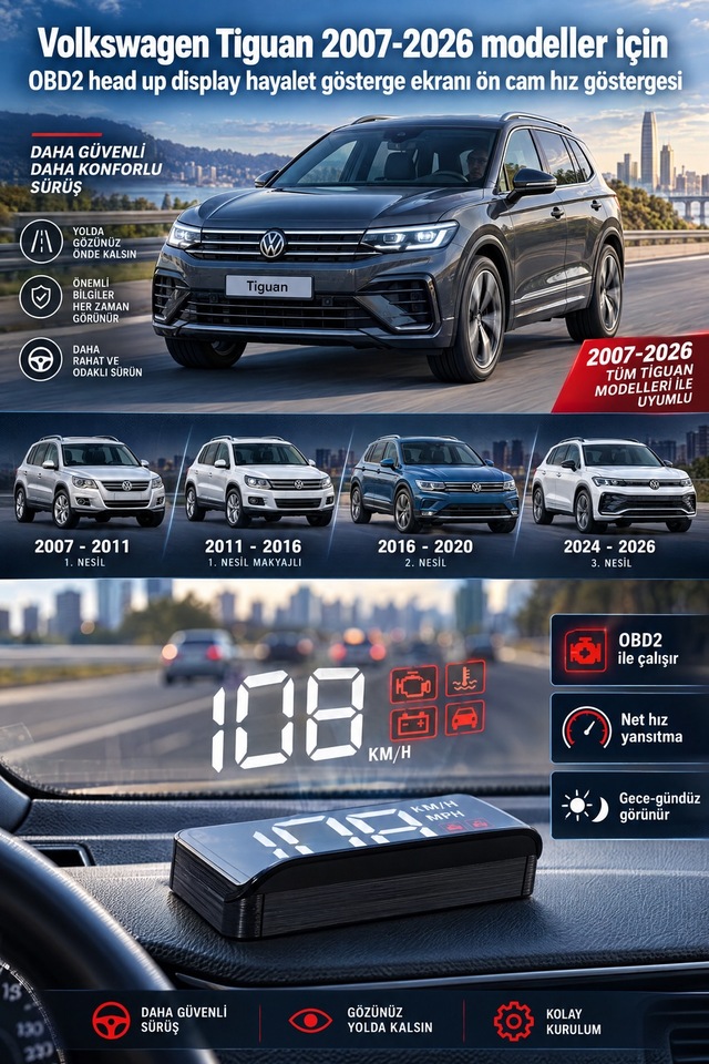 Volkswagen Tiguan 2007-2026 Modeller İçin Obd2 Head Up Display Hayalet Gösterge Ekranı Ön Cam Hız Göstergesi