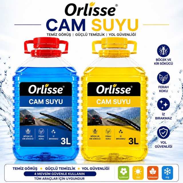 Orlisse Cam Suyu 3 Lt Mavi + Sarı Ferah Kokulu Oto Cam Yıkama Sıvısı Böcek Ve Kir Çözücü