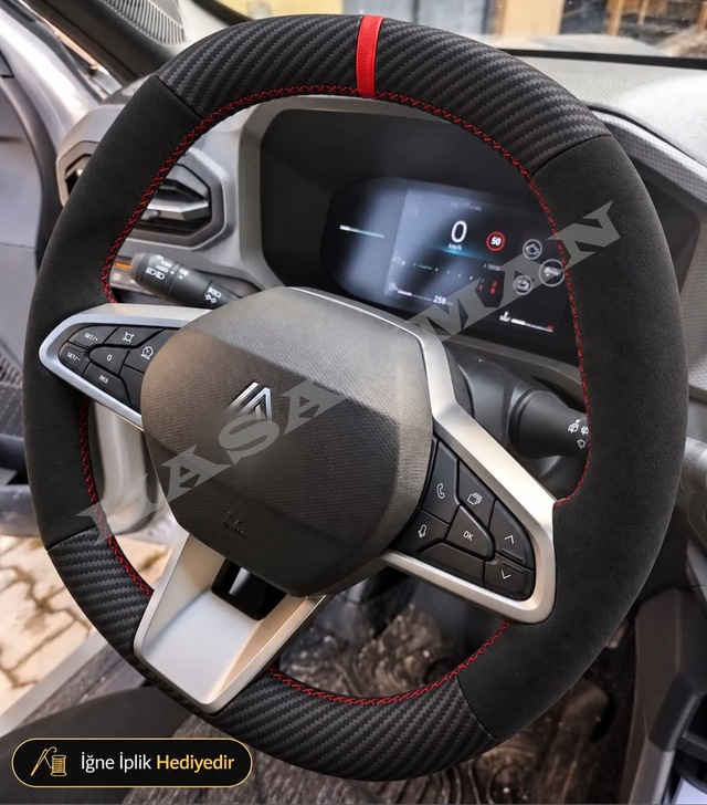 Dacia Duster 3 Dikme Direksiyon Kılıfı Alcantara Süet Mat Karbon Kırmızı Yüzük Ve Dikiş Yeni Nesil Tamamen Degisen 2024-2026