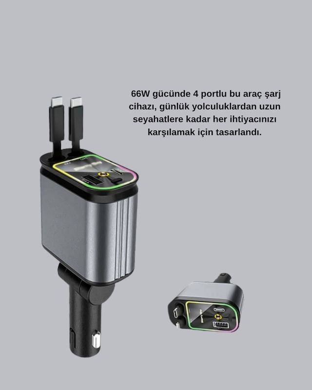 Araç - 367 - Şarj Cihazı 4 Portlu 66w Hızlı Şarjlı Led Işıklı Ve - Kmrsfres - 180 Dönebilir