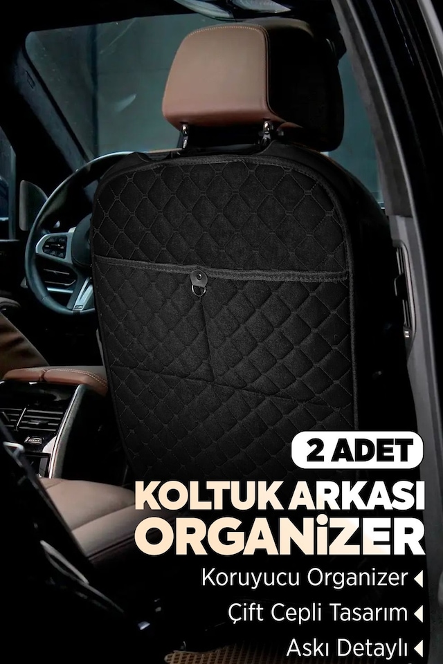 Tay Tüyü Kapitone Oto Koltuk Arkası Koruyucu Organizer - Araç İçi Organizeri Siyah 2 Adet