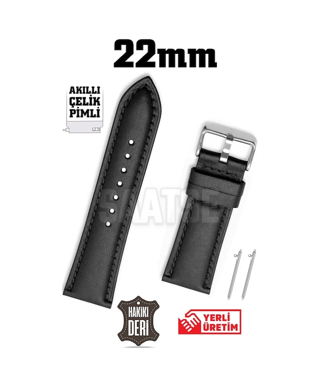 22mm Siyah Hakiki Deri Saat Kordonu Kayış