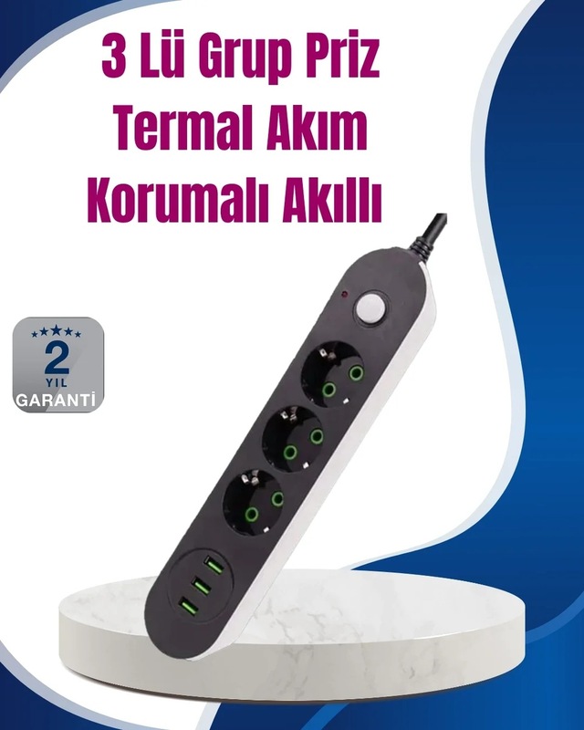 Ers 3 Usb Çıkışlı Hızlı Şarjlı Anahtarlı Üçlü Priz