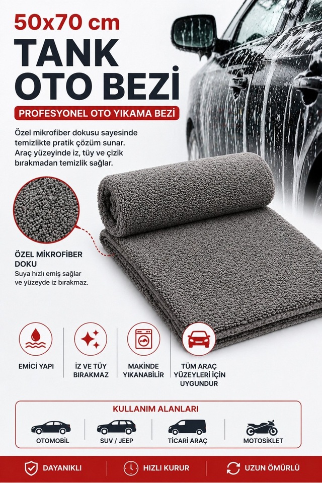 Muggio 50x70 Oto Yıkama & Kurulama Bezi Mikrofiber, Süper Emici, Leke Ve Tüy Bırakmaz, Tank Oto Bezi