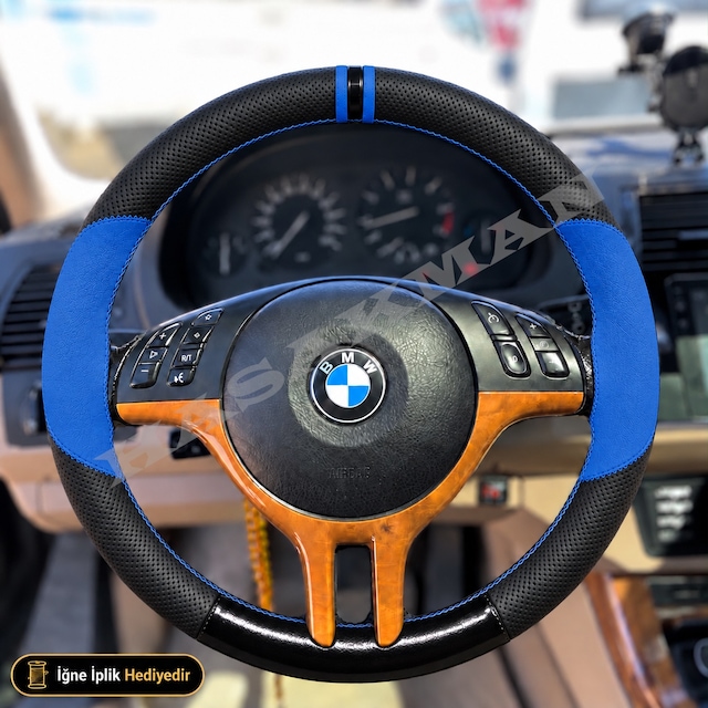 Bmw 7 Serisi E38 Dikme Direksiyon Kılıfı Delikli Deri Parlak Siyah Mavi Detay Çift Yüzük Ve Dikiş 3 Kollu-yuvarlak-dairesel Tuş 1999-2001
