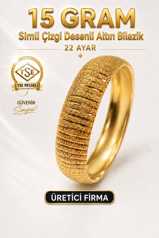 22 Ayar Tse Belgeli 15 Gram Simli Çizgi Desenli Altın Bilezik 15 Mm Gold İşçiliksiz Düğün