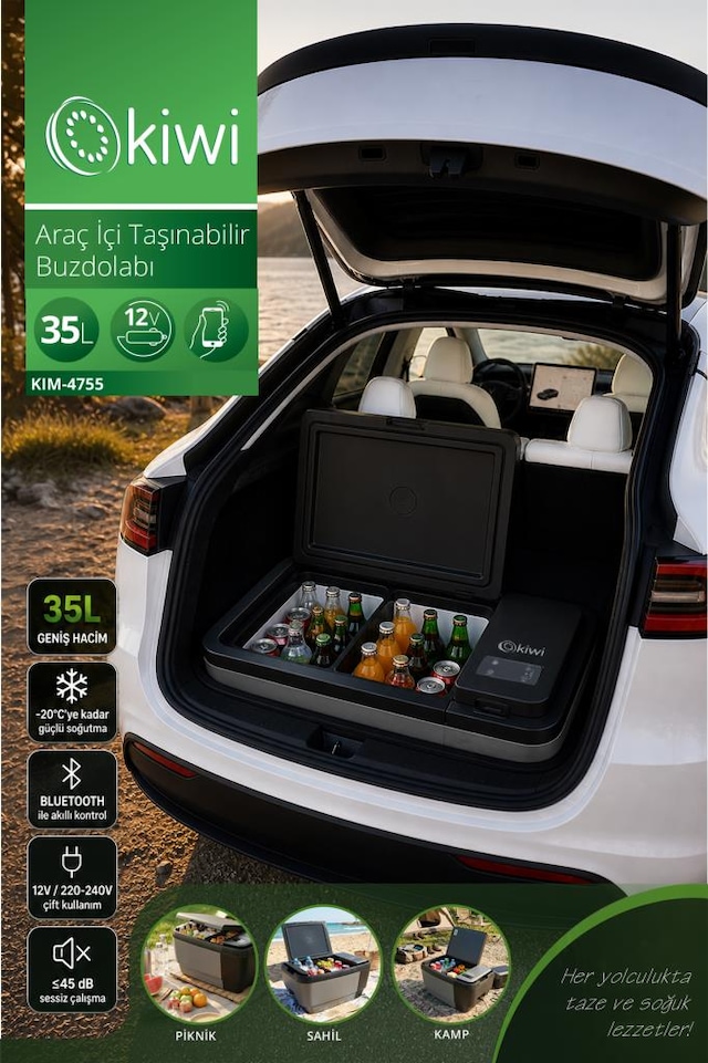 Kiwi Kım-4755 Tesla Uyumlu Araç İçi Taşınabilir Buzdolabı 35l & -20c & 12v/220v & Bluetooth