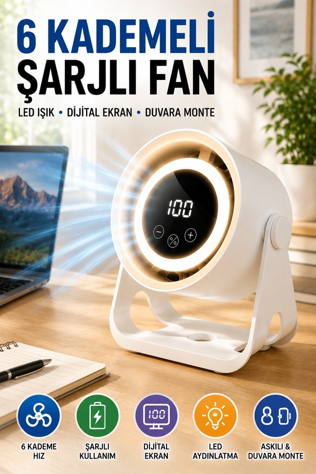 6 Kademeli Şarjlı Masaüstü Fan Dijital Ekranlı Led Işıklı Duvara Monte Askılı Mini Fan K6 Model