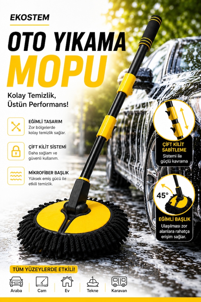 Araba Yıkama Fırçası Oto Yıkama Mop Mikrofiber Bezli Teleskopik Saplı