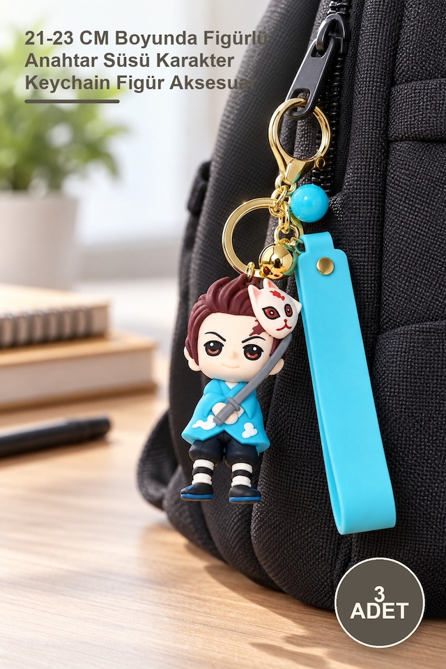 3 Adet Anime Figür Anahtarlık 21-23 Cm Boyunda Figürlü Anahtar Süsü Karakter Keychain Figür Aksesuar