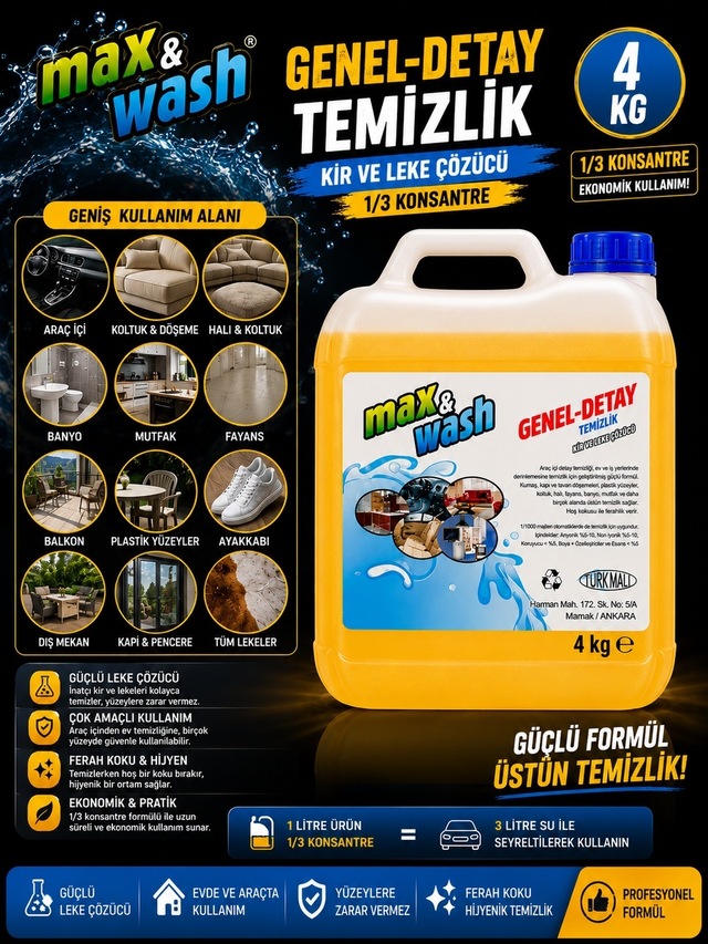 4 Kg Genel Detay Temizleyici 1/3 Konsantre Çok Amaçlı Araç İçi Ve Dışı Temizleyici Profesyonel Oto Kuaför Ürünü