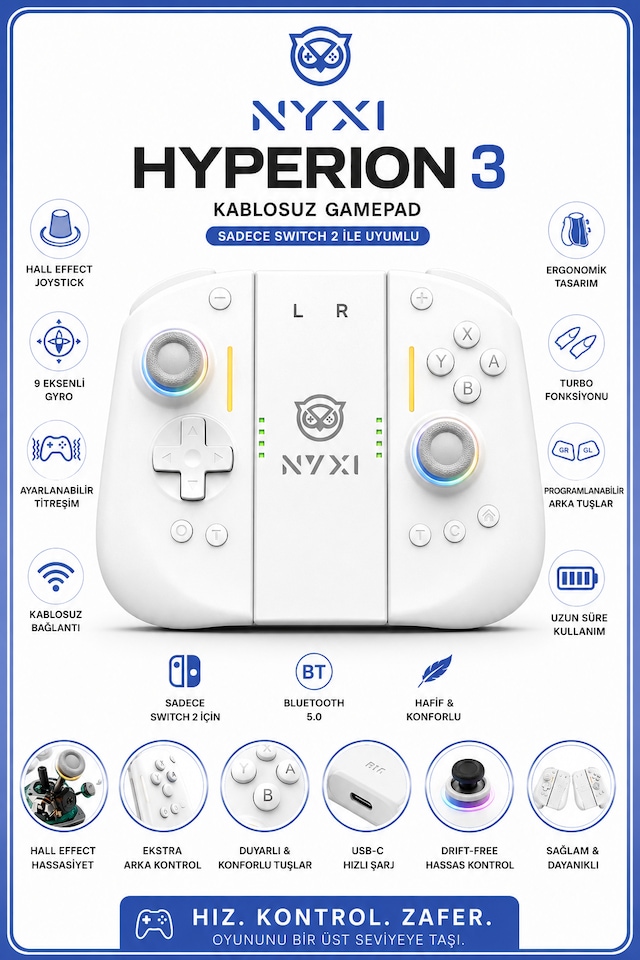 Nyxi Hyperion 3 Beyaz Joypad Switch 2 Hall Effect Drift Yapmayan Joystick Kablosuz Oyun Kolu Joy-con
