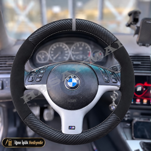 Bmw X5 E53 Dikme Direksiyon Kılıfı Alcantara Süet Mat Karbon Gri Yüzük Ve Dikiş Ve 3 Kollu-yuvarlak-dairesel Tuş 2000-2006